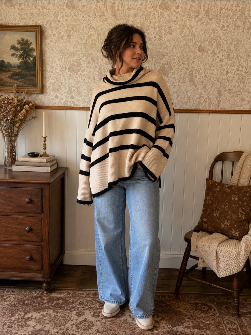Entro Striped Oversized Turtleneck Sweater – Size Large